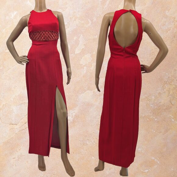 Vintage 1990s Faviana Prom Gown Red Maxi Dress Beaded Siren Pageant Size 3 - Picture 1 of 9